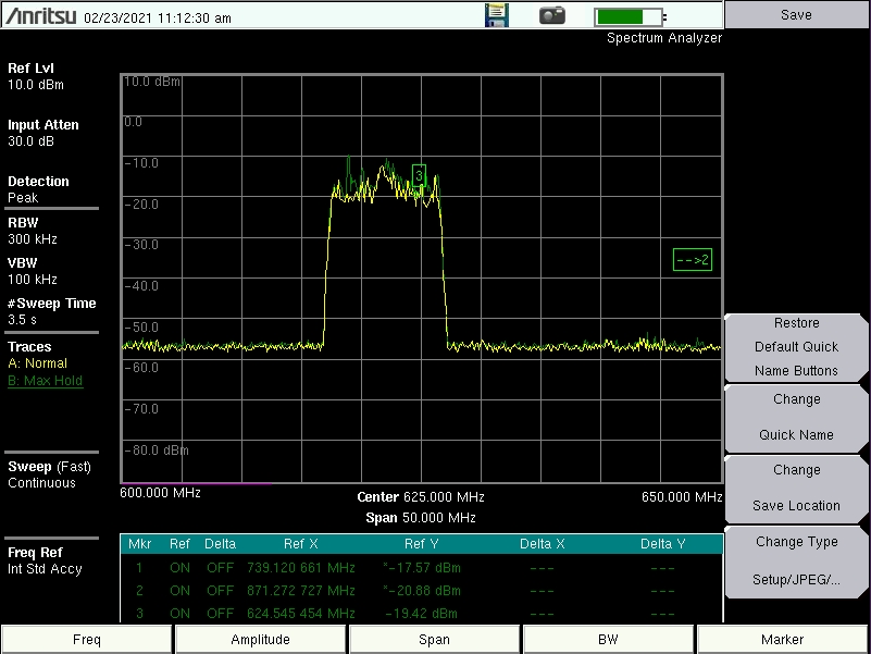 Spectrum analyzer detail showing LTE carrier in the 600 MHz band